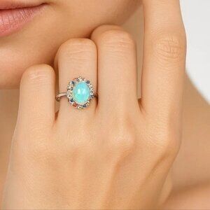 925 Sterling Silver Ring Sz 7 with Natural White Opal 9x7mm & Sapphire Gems